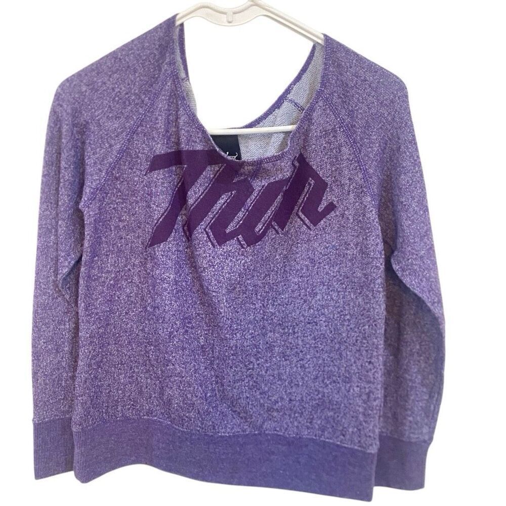 Thor small off shoulder raw hem 3/4 sleeve purple racing sweater